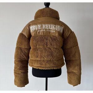 True Religion Sherpa Jacket Embroidered Women’s SMALL Oversized Caramel NWT